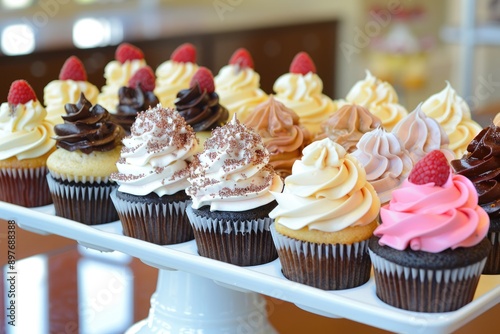 Cupcake Display: Tempting Epicurean Delights with Sweet Frostings on Tray