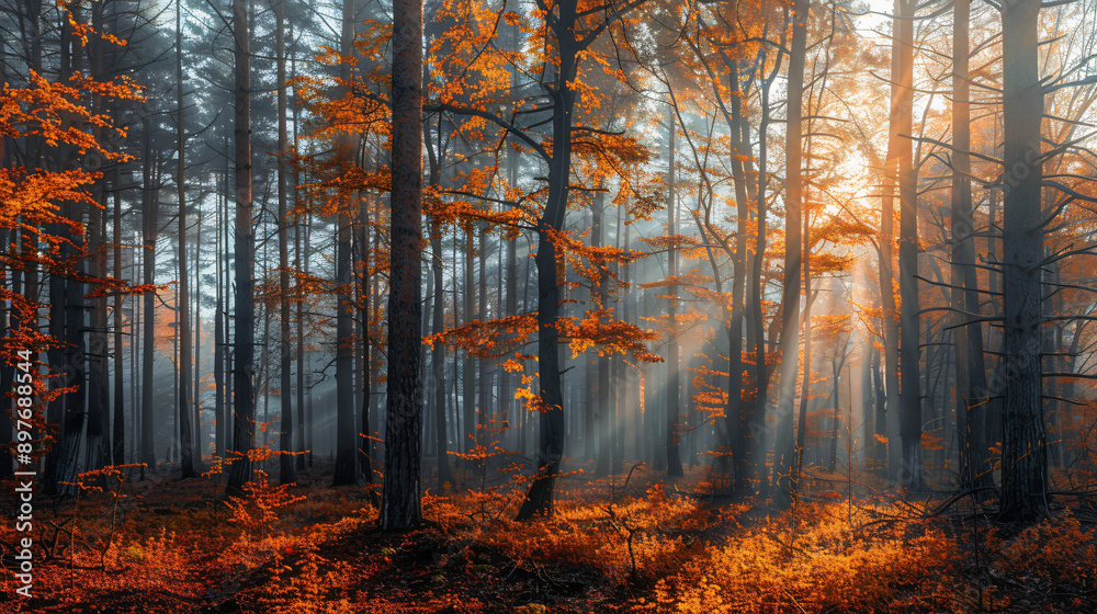 The misty forest in autumn is bathed in golden sunlight, creating a magical ambiance The misty forest in autumn is bathed in golden sunlight, creating a magical ambiance