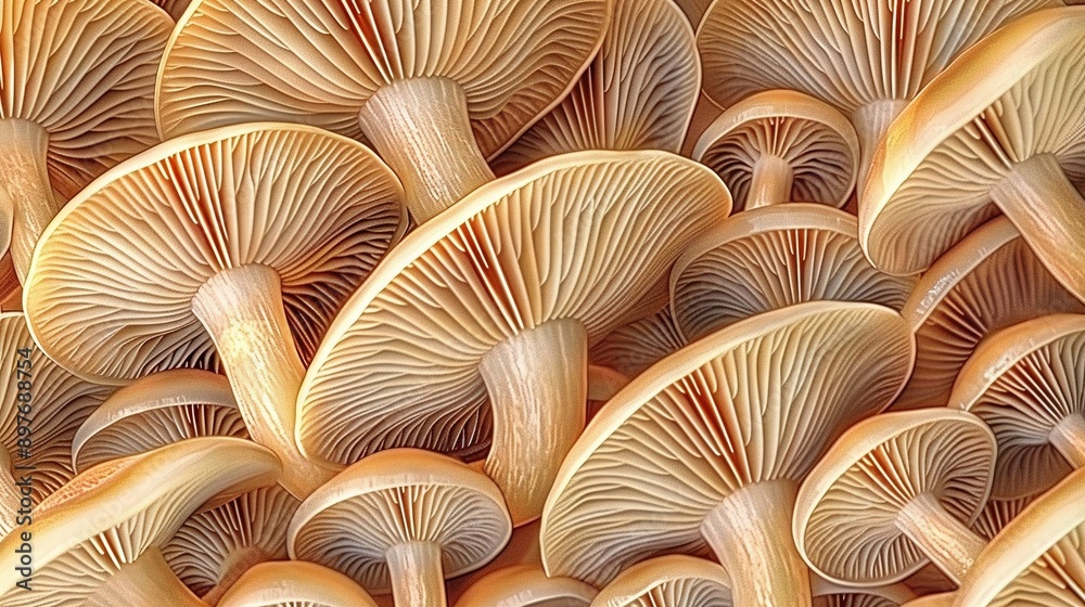Close-up of yellow-brown mushrooms with white stripe on top Close-up of yellow-brown mushrooms with white stripe on top