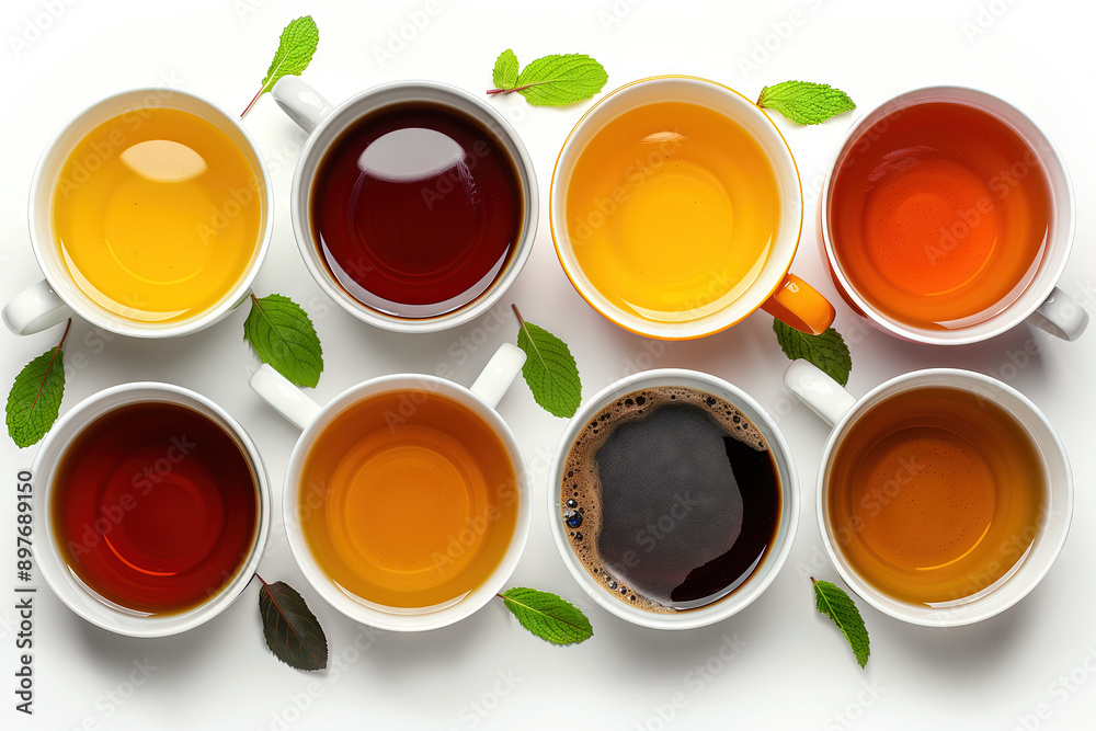 Aromatic teas with leaves in a colorful display Aromatic teas with leaves in a colorful display