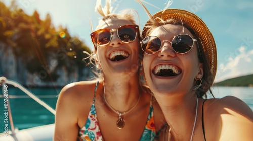 Two friends having fun in the sun on a white boat. © vefimov