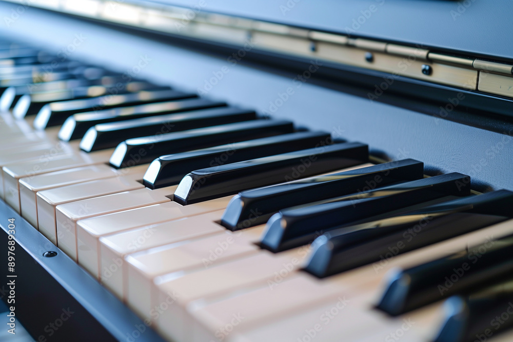 Detailed close-up of a piano keyboard with a focus on the contrasting black and white keys, captured in a vibrant and modern setting. Great for highlighting contemporary music equi Detailed close-up of a piano keyboard with a focus on the contrasting black and white keys, captured in a vibrant and modern setting. Great for highlighting contemporary music equi
