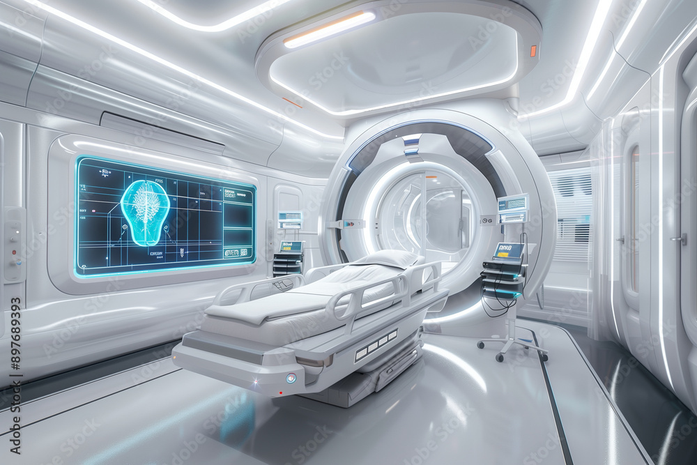Empty modern hospital room with sleek, futuristic design featuring a high-tech bed and a display screen showcasing patient health diagnostics. Ideal for illustrating advanced healt Empty modern hospital room with sleek, futuristic design featuring a high-tech bed and a display screen showcasing patient health diagnostics. Ideal for illustrating advanced healt