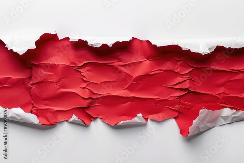 Gap Rip. Ripped Red Paper on White with Copy Space for Abstract Advertising Background