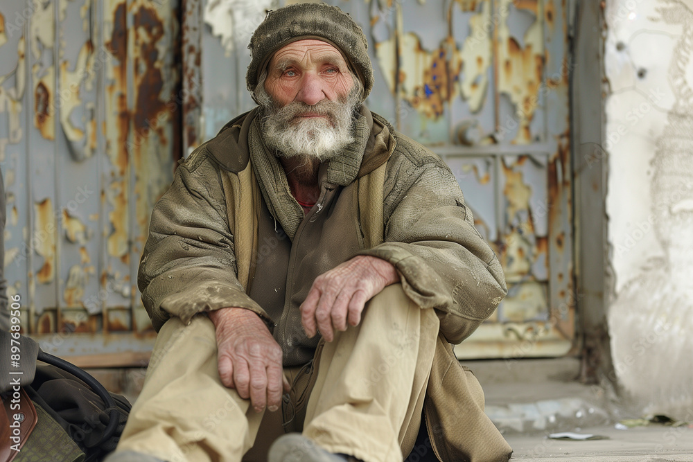 Portrait of a senior man in tattered clothes sitting alone on an urban street, capturing the harsh reality of homelessness and poverty. Emphasizes the social problem of economic di