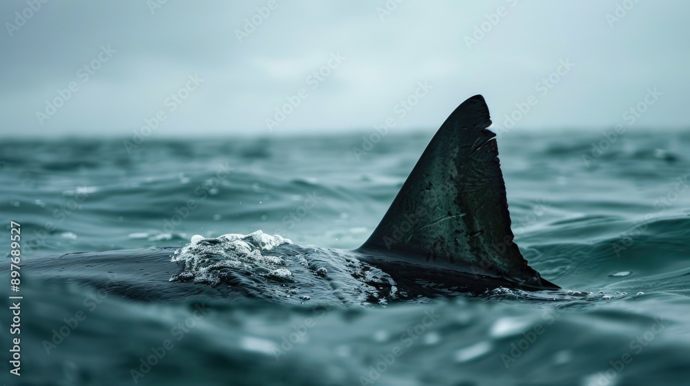 Fototapeta premium Great White Shark Fin. Close up of Aggressive Aquatic Predator in False Bay, South Africa