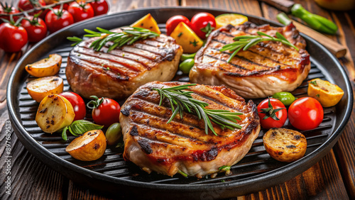 Juicy pork chops sizzling on a grill, topped with a flavorful glaze and served with a side of fresh vegetables and crispy potato wedges.