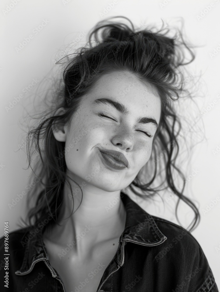 A young woman with freckles and messy hair smiling. She's wearing makeup, dressed casually, and posing for a selfie. A young woman with freckles and messy hair smiling. She's wearing makeup, dressed casually, and posing for a selfie.