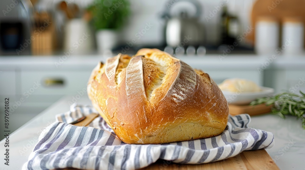 Loaf of bread with striped cloth on kitchen counter ready to be sliced Loaf of bread with striped cloth on kitchen counter ready to be sliced