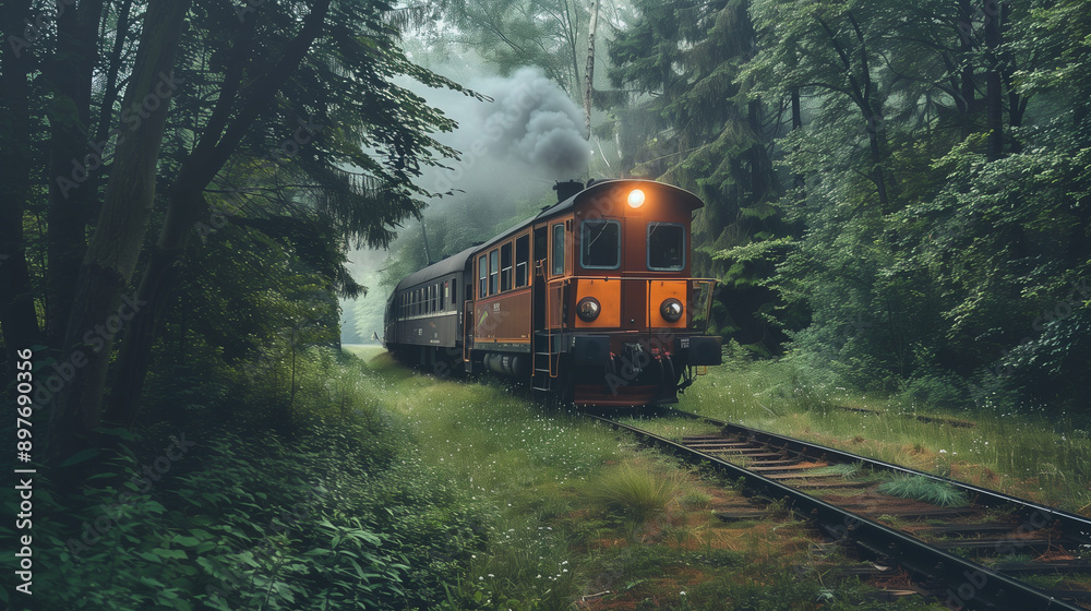 Fototapeta premium A historic retro-style locomotive train gliding along the railway tracks among the forest trees. 
