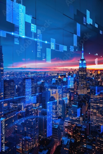 Night sky blue blocks depict a stellar rise in stocks, contrasted against a twilight cityscape.