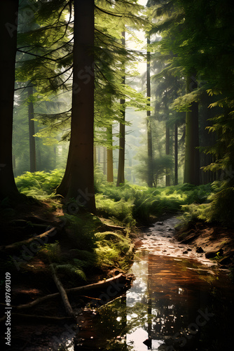 Breathtaking Enchanting Forest Bathing in Warm Sunlight - A Picture Depicting the Tranquility of Untouched Nature © Derek