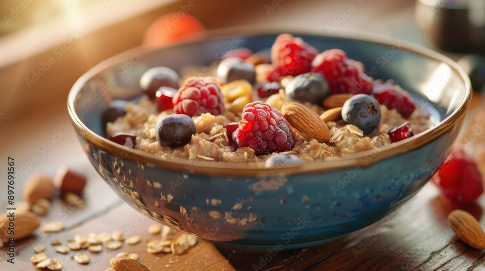 Bowl of oatmeal topped with berries and nuts Bowl of oatmeal topped with berries and nuts
