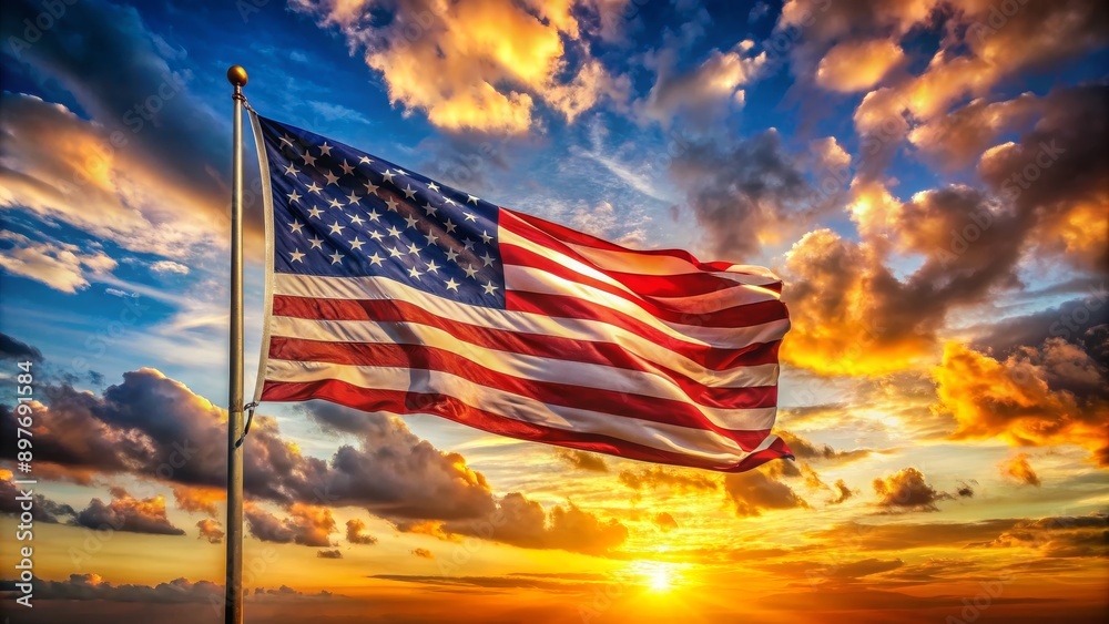 Obraz premium American Flag Waves in a Vibrant Sunset, Flag, USA, Patriotic, Freedom