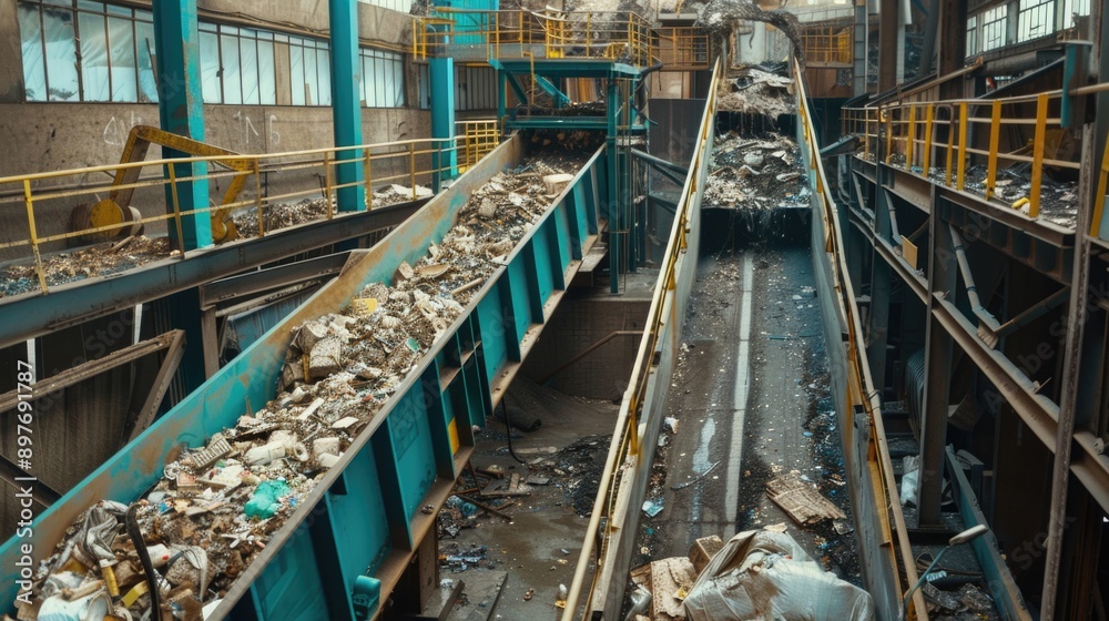 Bustling trash recycling plant with conveyor belts and sorting machines. Bustling trash recycling plant with conveyor belts and sorting machines.