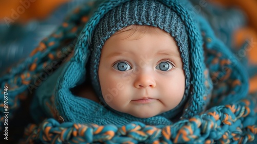Baby Wrapped in Blanket Looking at Camera