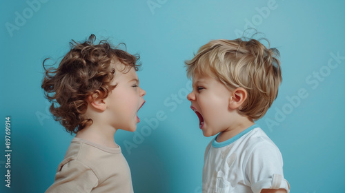 Side view of two preschoolers arguing.