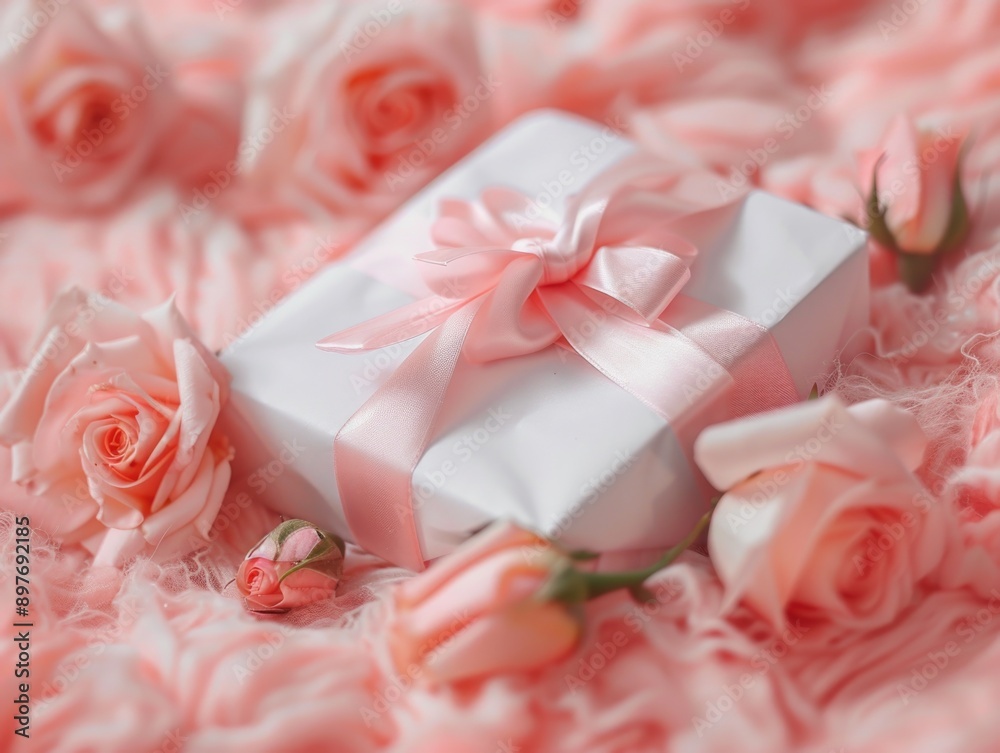 Present in a pink box with ribbon, surrounded by rose petals. Present in a pink box with ribbon, surrounded by rose petals.