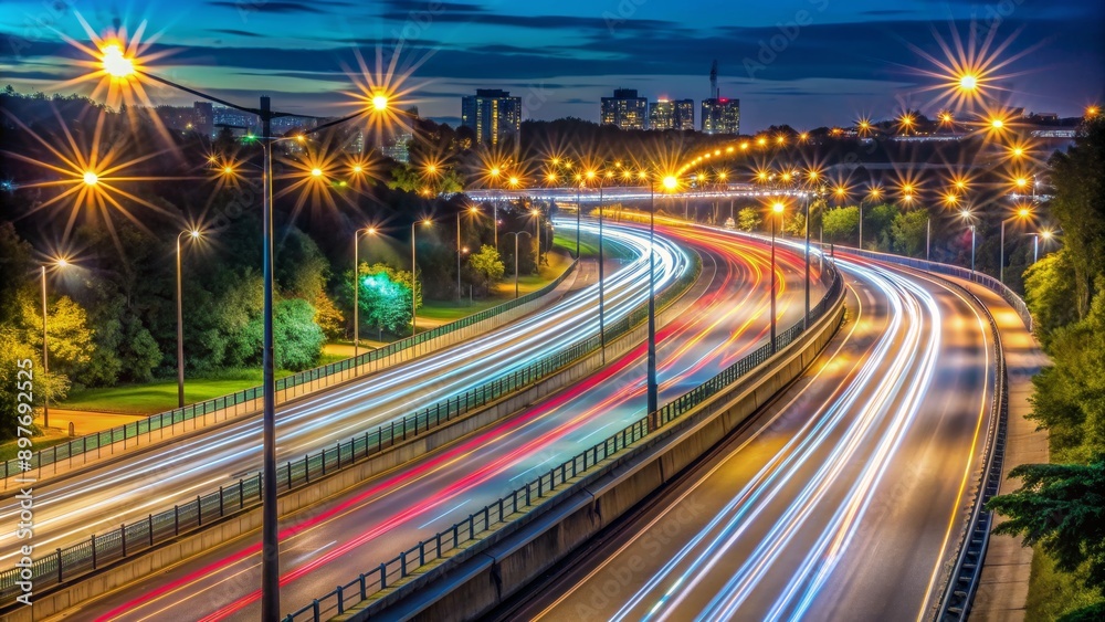 Fototapeta premium Cityscape Night Highway Lights Trails, Cityscape , Night , Lights , Highway
