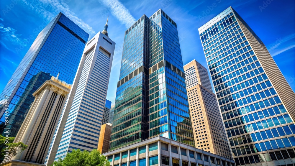 Cityscape of Glass Towers, Wide Angle View, Blue Sky, Skyscrapers, Building Architecture, Urban Landscape, Cityscapes Cityscape of Glass Towers, Wide Angle View, Blue Sky, Skyscrapers, Building Architecture, Urban Landscape, Cityscapes