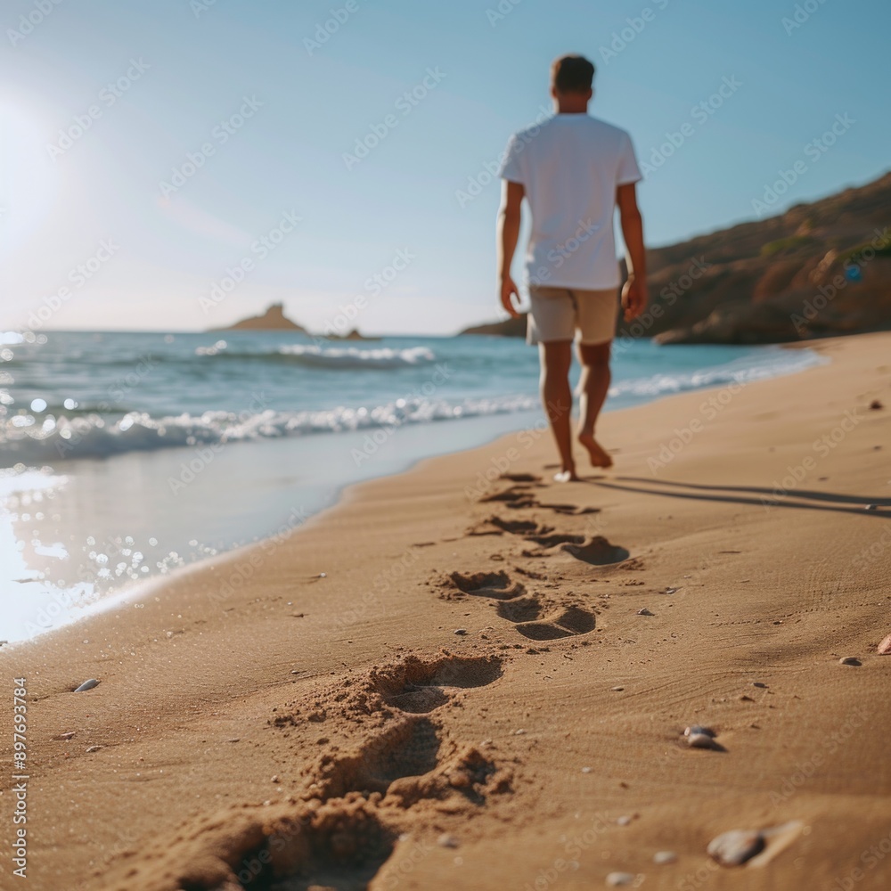 Keep walking concept, Selective focus of bare men's feet with approaching seawave on the shore, Low angle of of a man walking on the sand beach with Keep walking concept, Selective focus of bare men's feet with approaching seawave on the shore, Low angle of of a man walking on the sand beach with