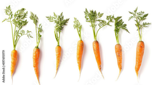 Top view of a row of neat fresh bright carrots with green tops. The concept of naturalness and healthy eating