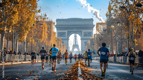Marathon Runners in Front of Arc de Triomphe: Marathon runners approaching the Arc de Triomphe with the Eiffel Tower visible in the distance.


