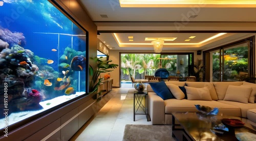 Luxurious living room featuring a large built-in aquarium with vibrant tropical fish and coral, contemporary furniture, and large windows opening to a garden.