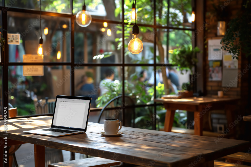 Open laptop on coffee shop table, remote office concept, copy space Open laptop on coffee shop table, remote office concept, copy space