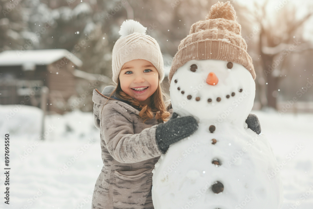 Closeup portrait of happy smiling little preschool toddler girl standing next to the snowman. Female child or kid winter season fun activity, outdoor outside childhood December hol Closeup portrait of happy smiling little preschool toddler girl standing next to the snowman. Female child or kid winter season fun activity, outdoor outside childhood December hol