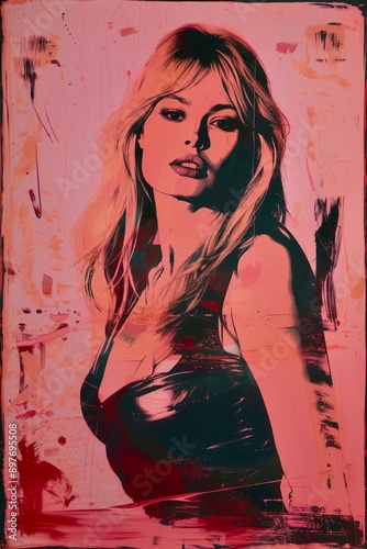 Pop art portrait of  model Jenna with blonde hair in vibrant colors, warm tones, and multicolored background. Expressive, dynamic composition with bold lines and high contrast. photo