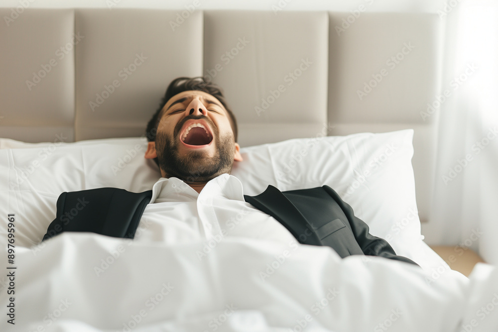 Sleepy employee or manager in a suit, yawning and lying in a hotel bed in the morning. Perfect for showcasing the exhaustion and need for rest during business travel or a vacation Sleepy employee or manager in a suit, yawning and lying in a hotel bed in the morning. Perfect for showcasing the exhaustion and need for rest during business travel or a vacation