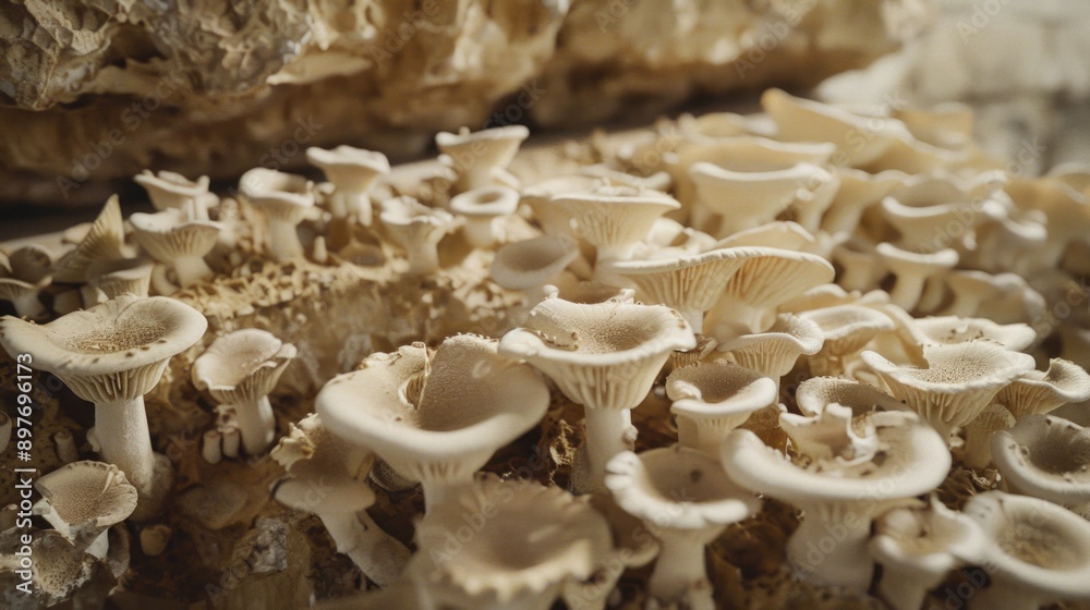 Mushrooms growing on rocks, close-up shot revealing spore prints and undergrowth.