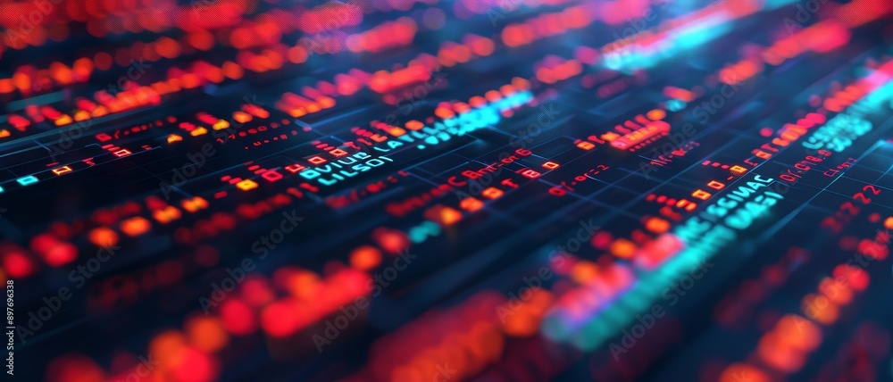 Futuristic market analysis, holographic charts, glowing neon, advanced financial data, copy space for text, focus cover all object, deep dept of field