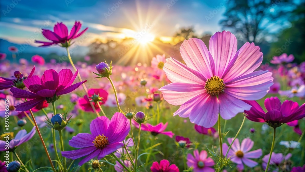Pink Cosmos Blooms at Sunset, Cosmos flower , wildflower , sunset , nature Pink Cosmos Blooms at Sunset, Cosmos flower , wildflower , sunset , nature
