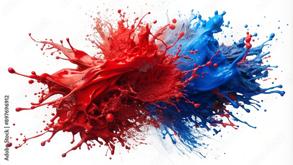 Red and Blue Paint Explosion, Digital Art, Splashing Paint, Abstract Colors, White Background. Red , Blue , Color Red and Blue Paint Explosion, Digital Art, Splashing Paint, Abstract Colors, White Background. Red , Blue , Color