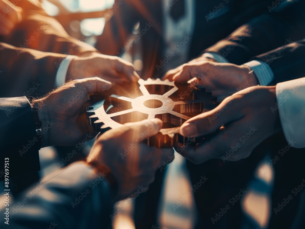 Business team joining hands holding gear as concept for teamwork