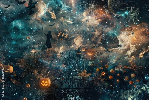 A collage of Halloween symbols floating in a surreal, dreamlike space