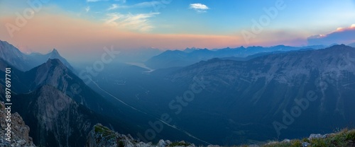 Aerial Panoramic Landscape View Wildfire Smoke Ash over Kananskis Valley, Alberta.  Devastating Summer Wildfires burning in Jasper National Park, Canadian Rocky Mountains photo