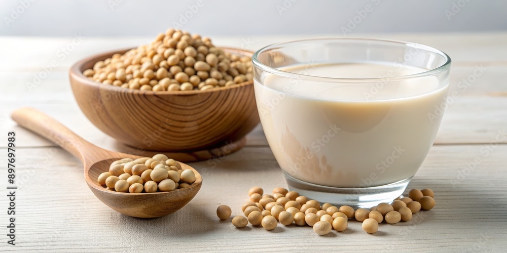 Soy Milk with Soybeans in Wooden Bowl, Glass of Soy Milk, Soybeans, Vegan Milk, Soy , soy milk, plant based milk Soy Milk with Soybeans in Wooden Bowl, Glass of Soy Milk, Soybeans, Vegan Milk, Soy , soy milk, plant based milk
