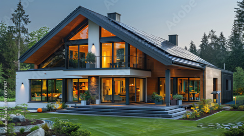 New suburban house with a photovoltaic system on the roof. Modern eco friendly passive house with landscaped yard. Solar panels on the gable roof