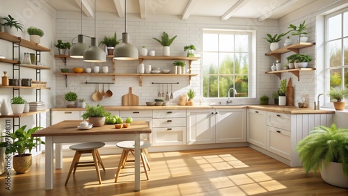 Sunlit Kitchen with Wooden Shelving and Greenery, interior design , kitchen decor , home design , modern kitchen
