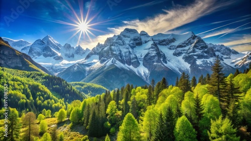 Sunrise Over Snow-Capped Mountains, Lush Forest, Blue Sky, Sunbeams, Alpine Landscape, mountains, forest