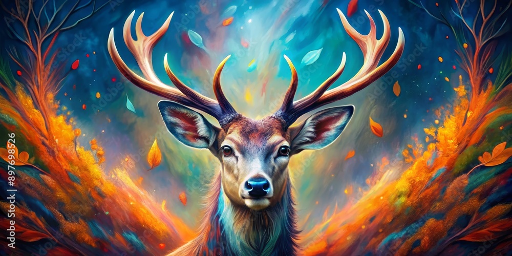 The Majesty of a Deer in a World of Color, digital art, deer portrait, abstract background, fall colors, deer, antlers