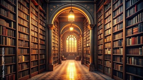 The Sunlit Library A Digital Painting of a Long Hall Lined with Bookshelves and a Sun-Drenched Window, library , books , digital art , fantasy © Stock Spectrum