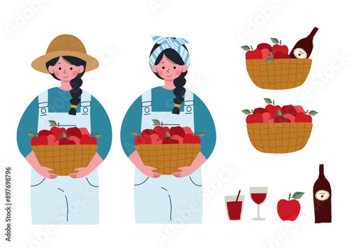 りんごの入ったバスケットを抱えた女性のイラストとりんご狩りの挿絵セット