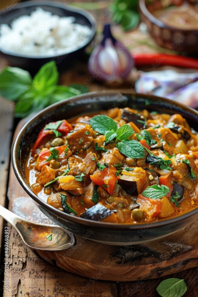 A delicious Indian meal featuring a spiced vegetarian curry served over rice with fresh herbs and mint for added flavor. A healthy, plant-based option.