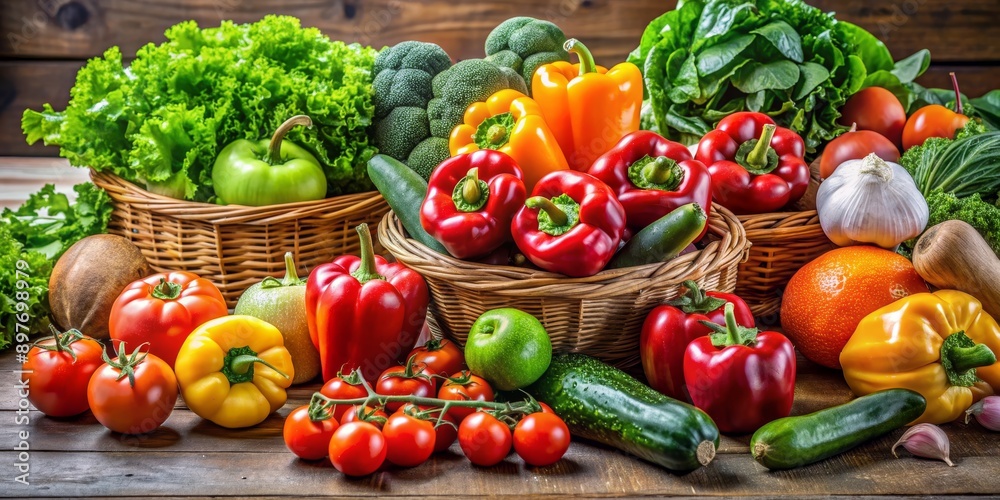 Vibrant Vegetable Harvest in Wicker Baskets, Red Peppers, Green Cucumbers, Tomatoes, Fresh Produce, Healthy Eating, Farm-to-Table Vibrant Vegetable Harvest in Wicker Baskets, Red Peppers, Green Cucumbers, Tomatoes, Fresh Produce, Healthy Eating, Farm-to-Table