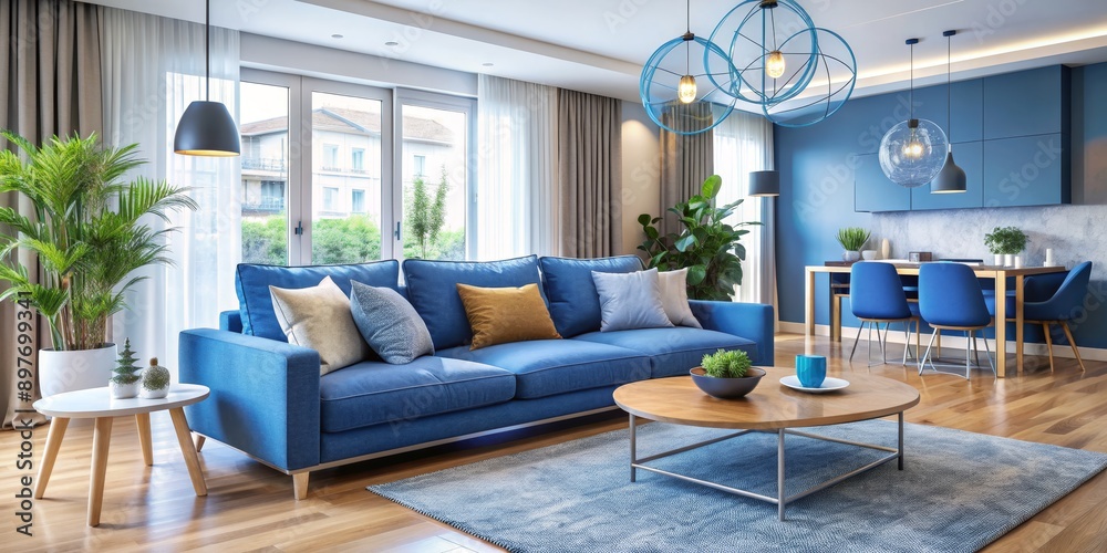 Fototapeta premium Blue Sofa with Modern Lighting and Decorative Plants, Living Room Interior, Home Design, Blue Decor, Modern Apartment , living room, interior design