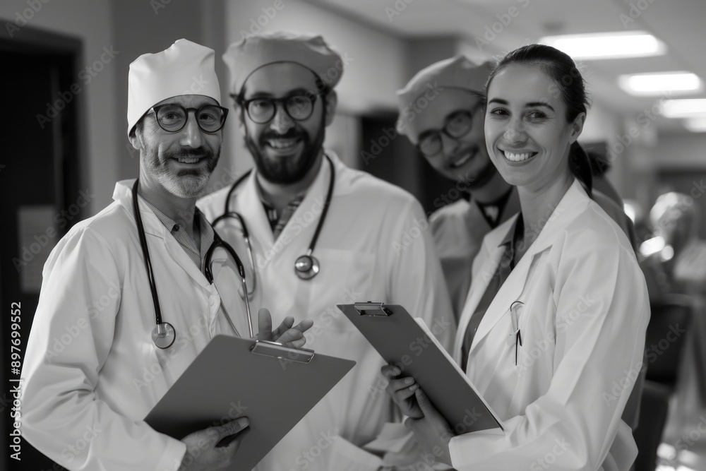 Happy doctors in white coats, smiling at camera, professional healthcare teamwork. Happy doctors in white coats, smiling at camera, professional healthcare teamwork.